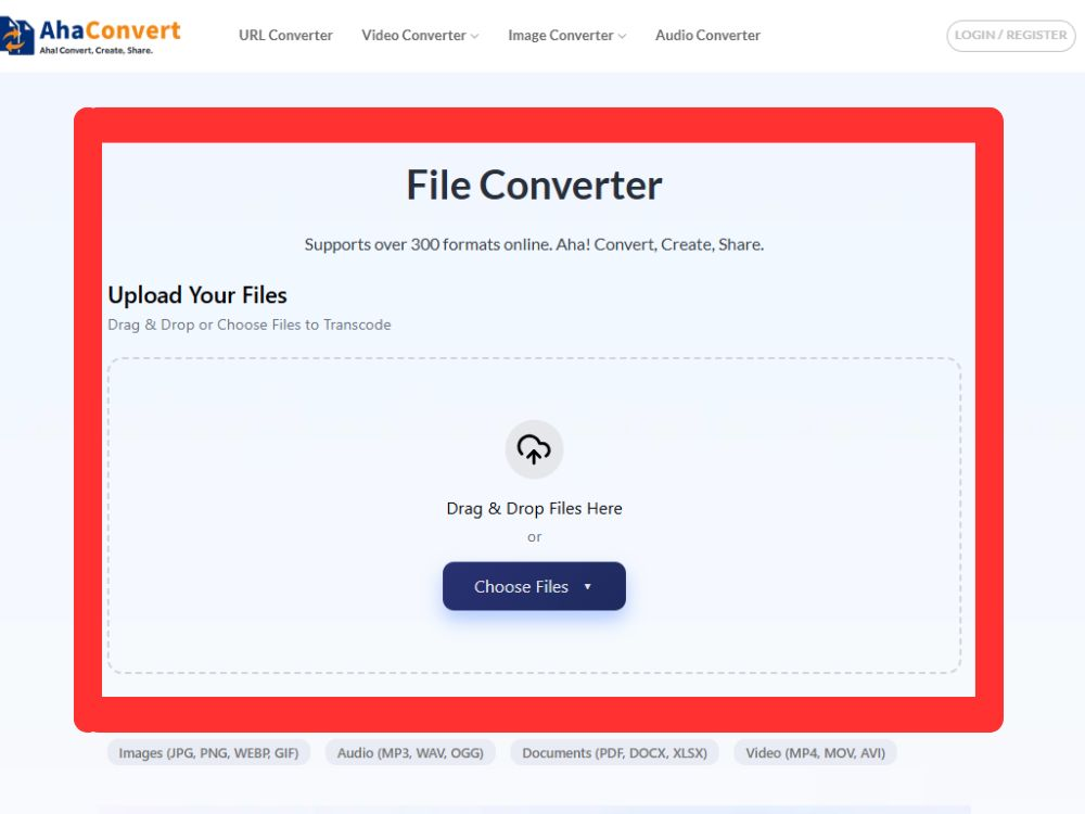 AhaConvert homepage with file converter interface