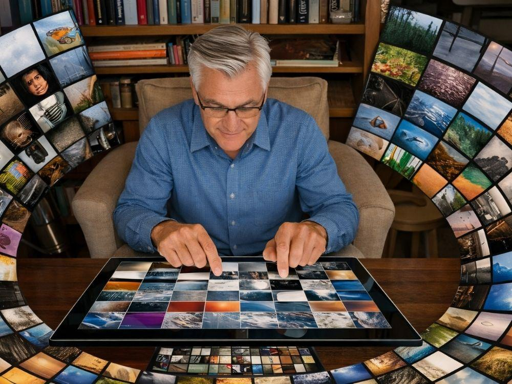 Person organizing multiple JPG images on a screen