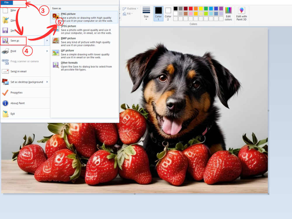 在 Microsoft Paint 的“另存为”菜单中选择 PNG 格式。
