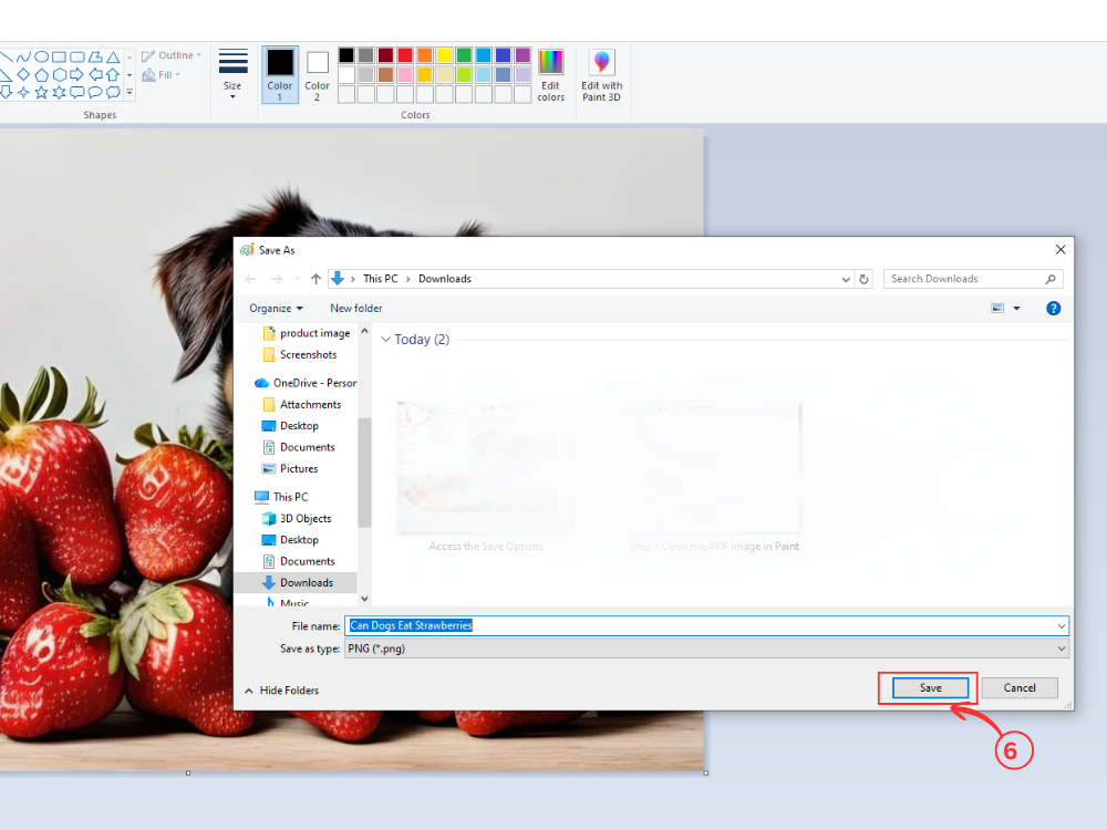 在 Microsoft Paint 的“另存为”菜单中选择 PNG 格式。