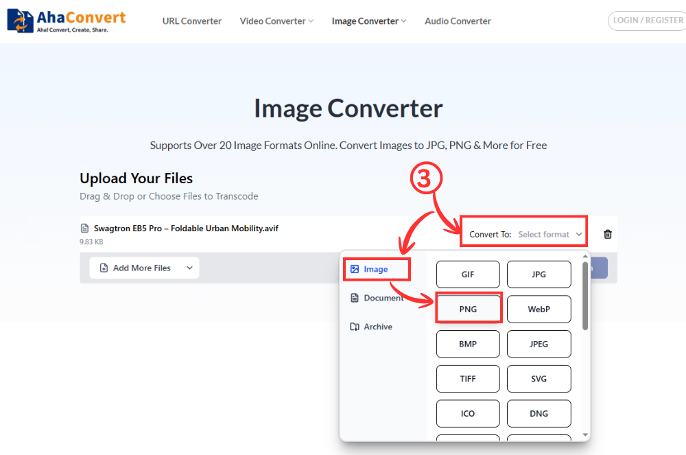 使用 AhaConvert 图像转换器选择 PNG 格式输出图像。