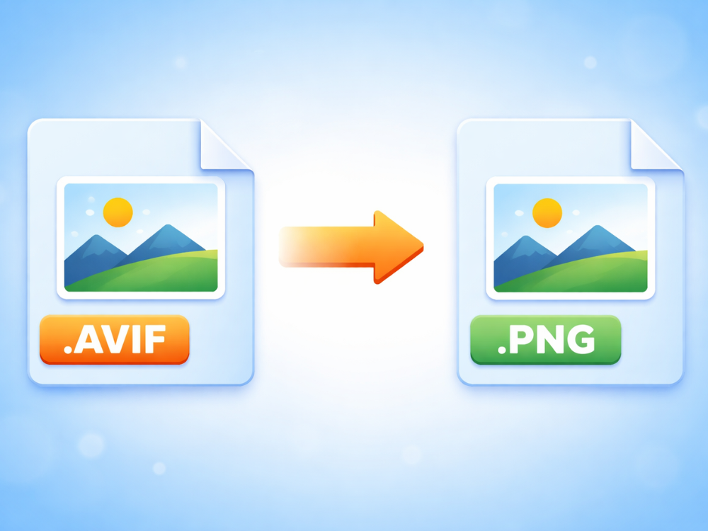 convert AVIF to PNG illustration showing AVIF file converting into PNG format with arrow and file icons