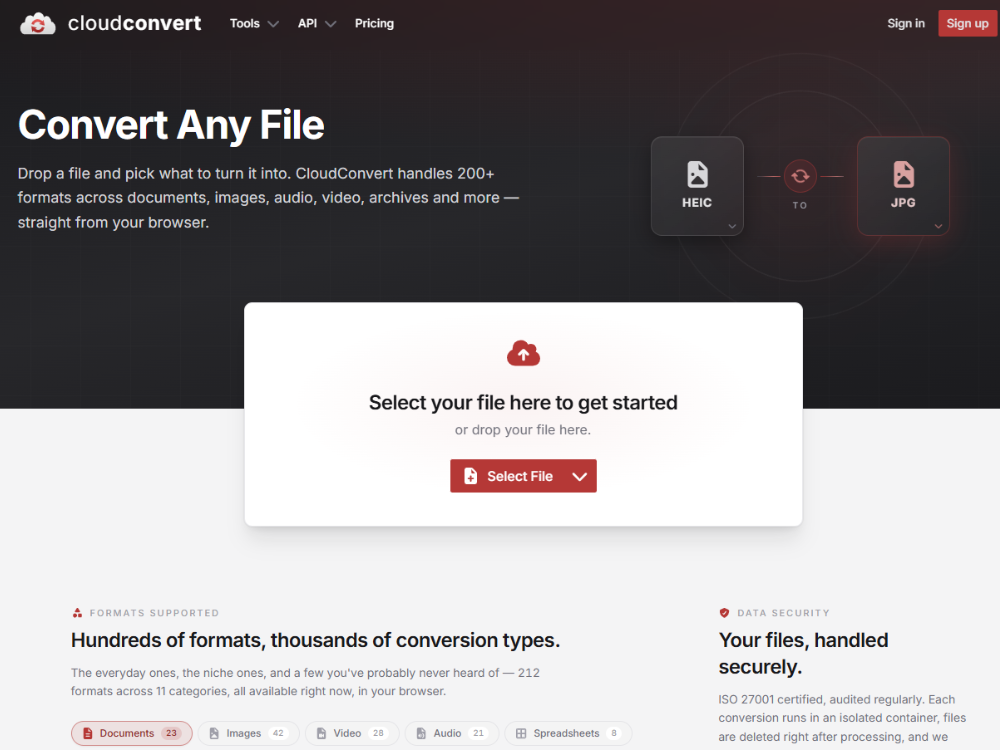 CloudConvert file conversion platform with upload interface for DDS to PNG conversion online.