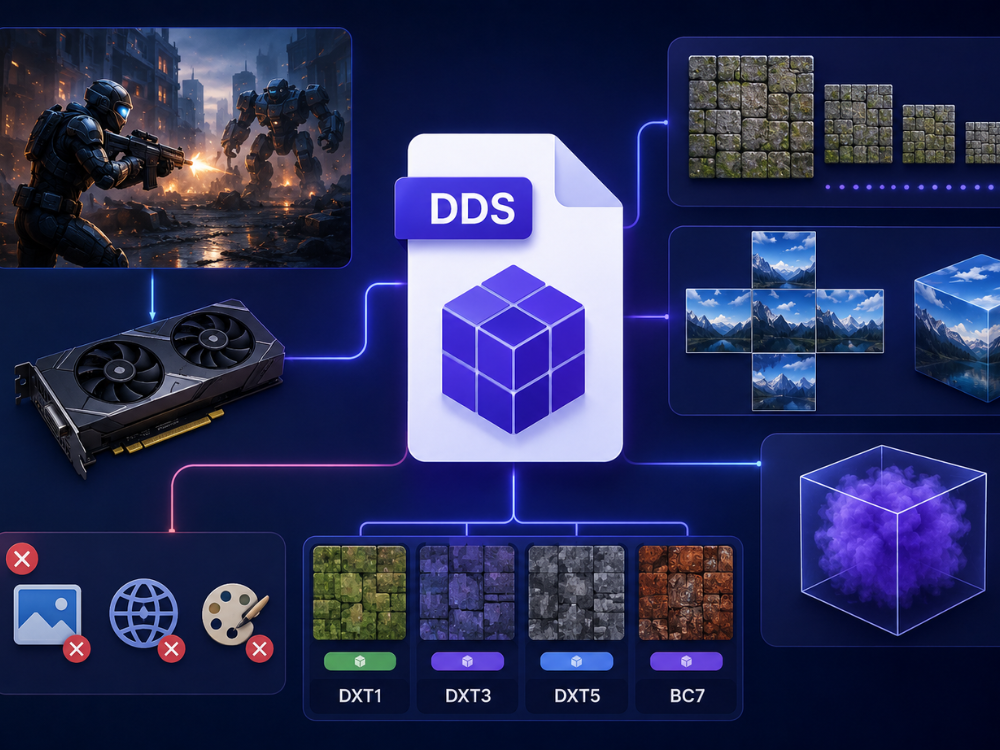DDS file format illustration showing game textures, GPU compression, mipmaps, cubemaps, and texture rendering features used in 3D gaming environments.
