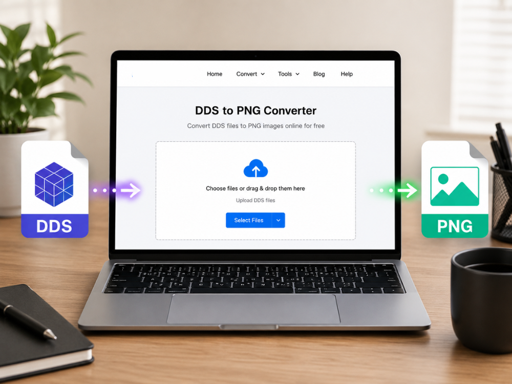 A clean desktop setup showing DDS to PNG converter images through an online converter.