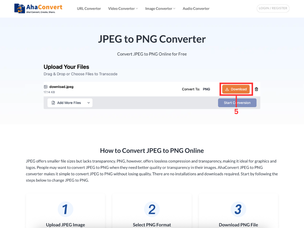 Pagina di conversione dell'immagine che mostra il pulsante di download dopo la conversione del file JPEG in PNG.