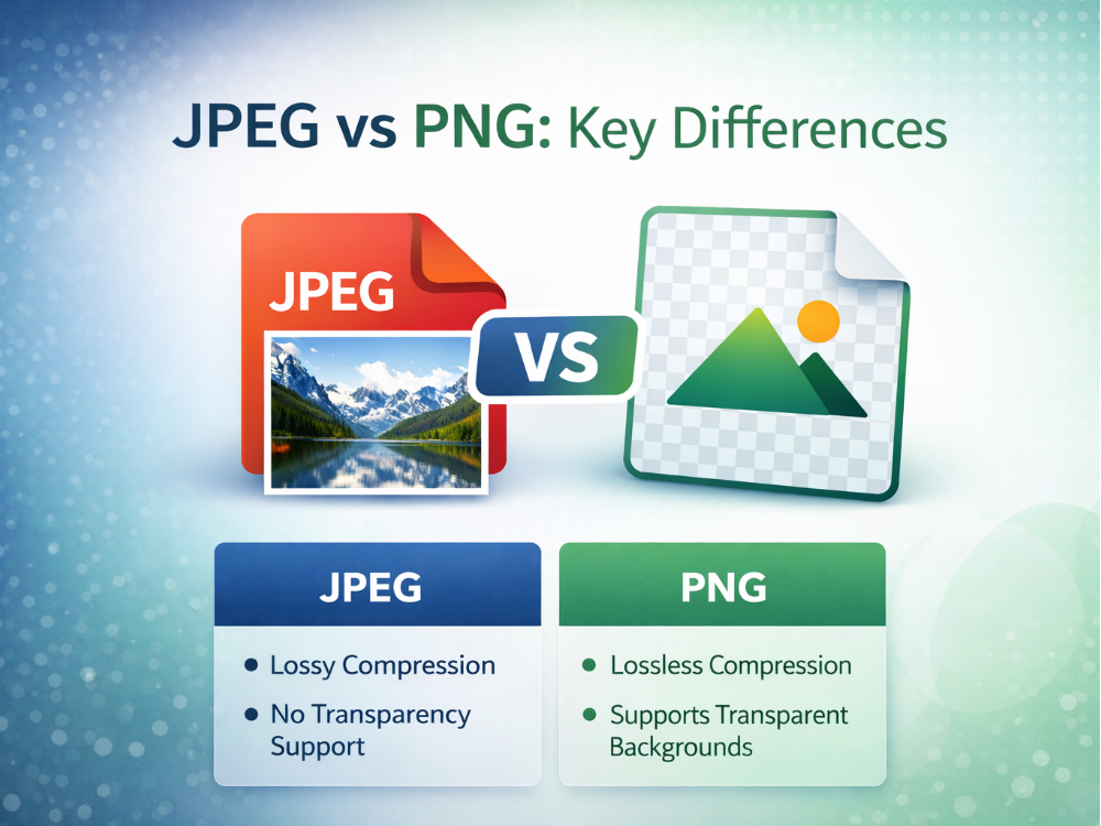Infografica che illustra le principali differenze tra i formati di immagine JPEG e PNG.