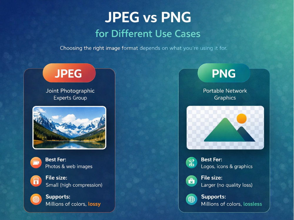 Infografica che confronta JPEG e PNG per diversi casi d'uso, tra cui l'utilizzo ottimale, le dimensioni del file e il tipo di compressione.