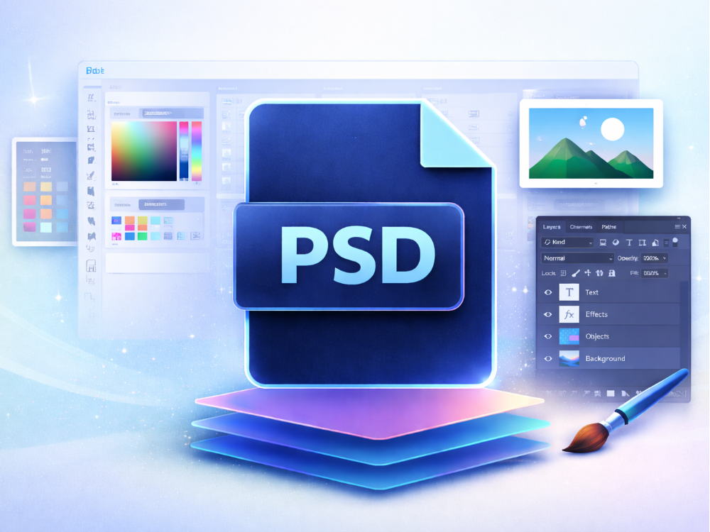 PSD file format illustration showing a Photoshop document with layered design elements