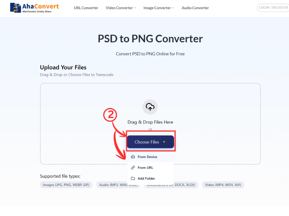 PSD to PNG converter page showing the “Choose Files” button and option to upload a file from device