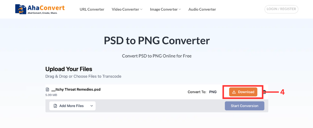 PSD to PNG tool showing the download button after converting the PSD file to PNG