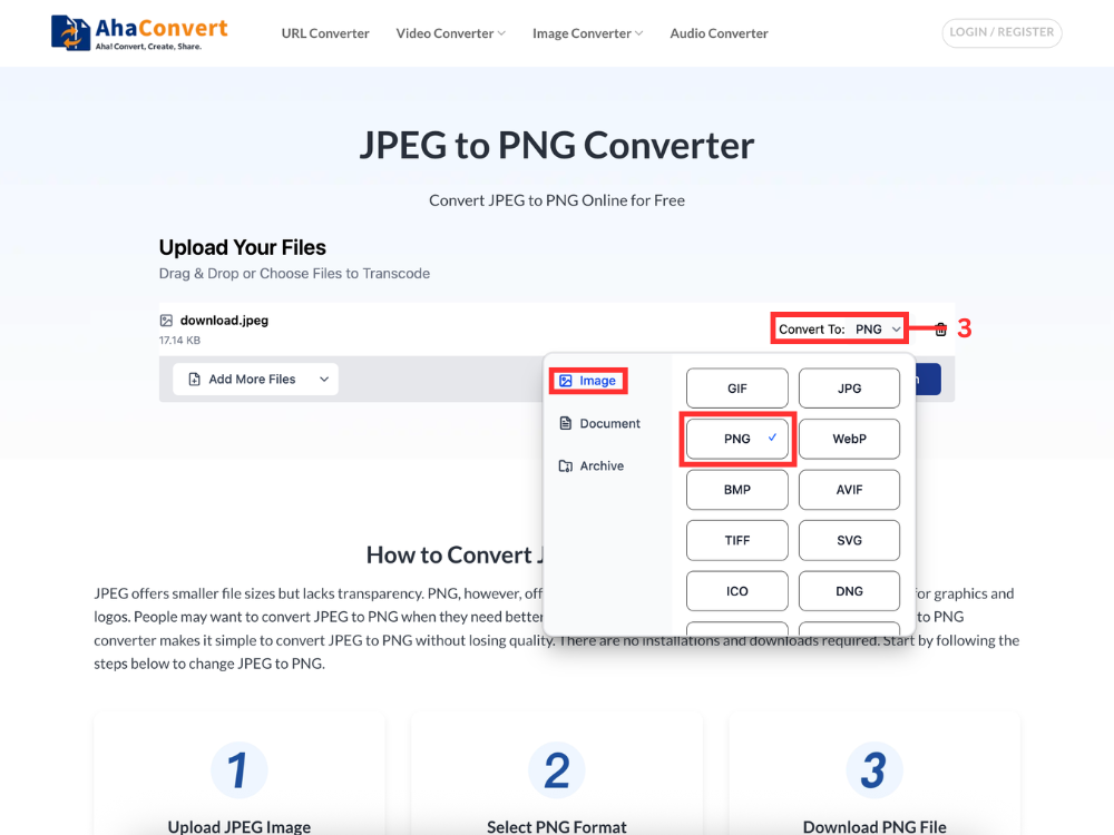Interfaccia del convertitore da JPEG a PNG che mostra la selezione del formato con PNG scelto come formato di output.