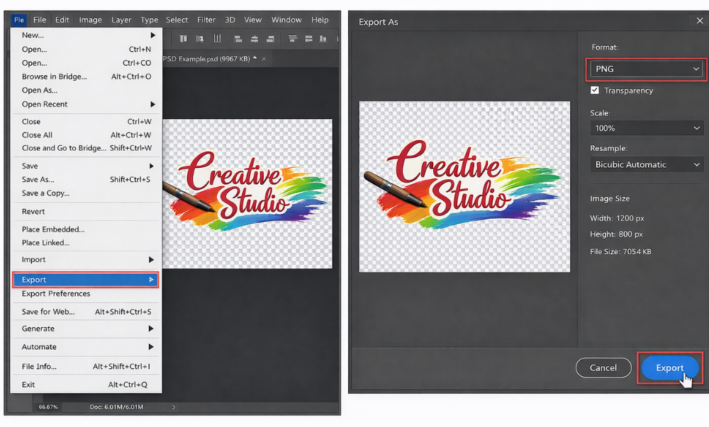 Select PNG from the format dropdown, click Export, and choose where to save the file