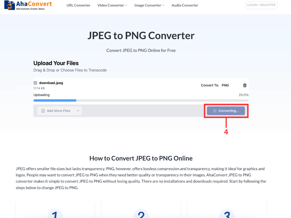 Convertitore da JPEG a PNG che mostra l'avanzamento del file e il processo di conversione in corso.