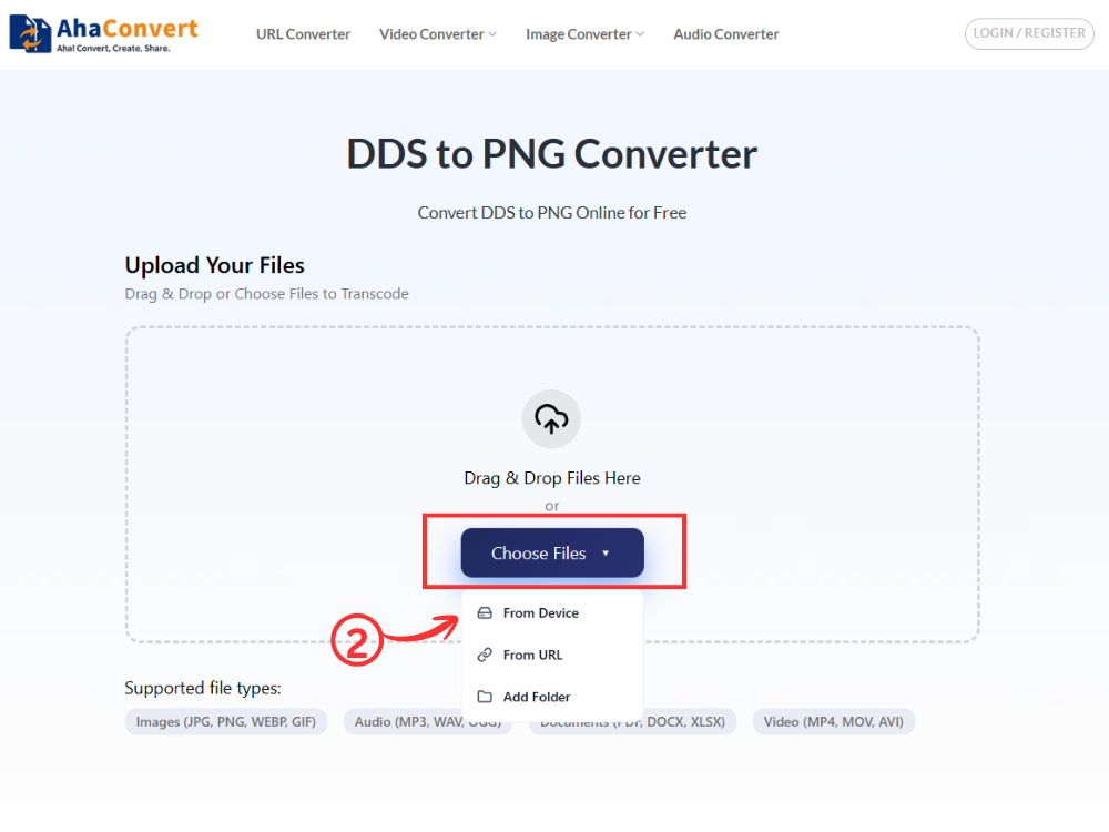Upload DDS files using the Choose Files button or drag-and-drop feature in AhaConvert.