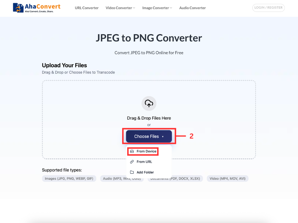 Pagina di conversione da JPEG a PNG che mostra il pulsante "Scegli file" e l'opzione per caricare un file dal dispositivo.