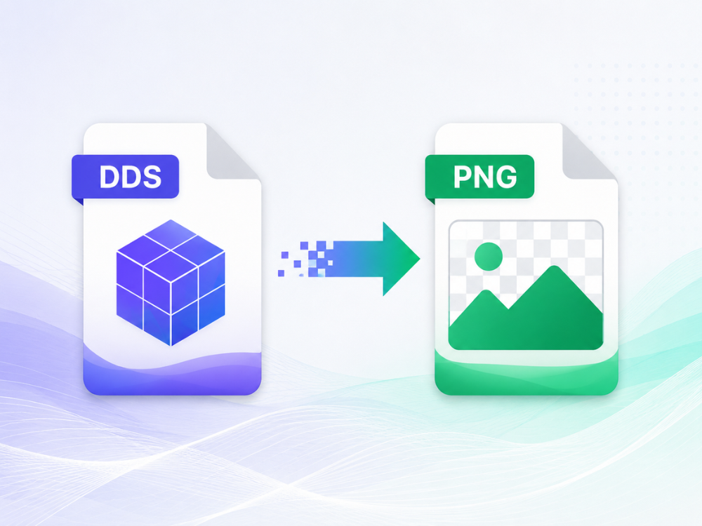 Comparison graphic showing a DDS file changing into a PNG file.