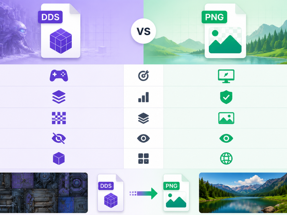 Visual comparison between DDS and PNG file formats showing gaming textures, image quality, compatibility, and common use cases.