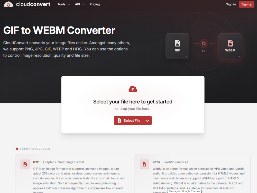 CloudConvert เป็นโปรแกรมแปลงไฟล์ GIF เป็น WebM พร้อมตัวเลือกการบีบอัดวิดีโอขั้นสูงและการอัปโหลดไฟล์.