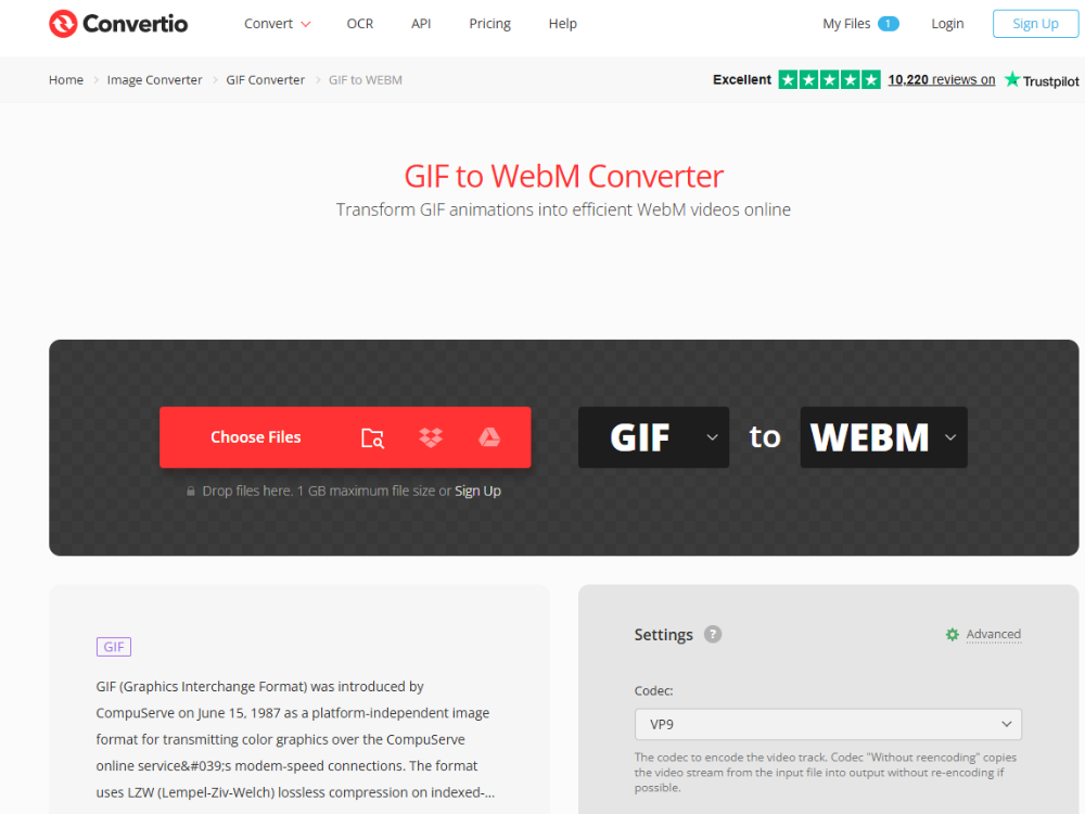 โปรแกรมแปลงไฟล์ GIF เป็น WebM ของ Convertio มีฟังก์ชันรองรับการอัปโหลดไปยังระบบคลาวด์และการตั้งค่าการแปลงขั้นสูง.