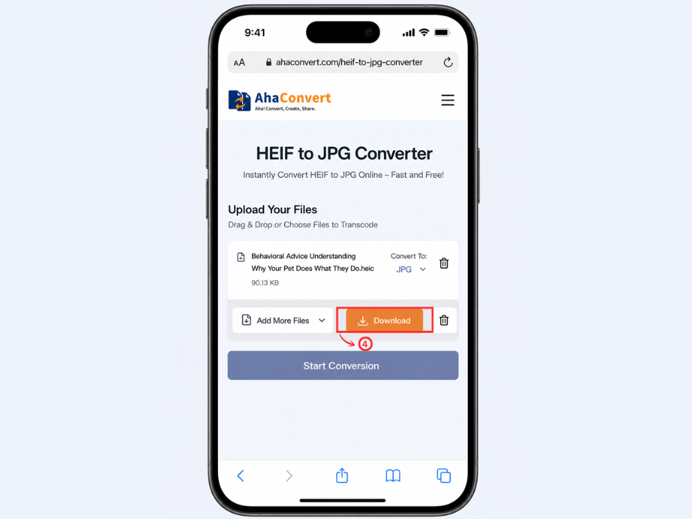 Scarica il file JPG convertito su iPhone da AhaConvert