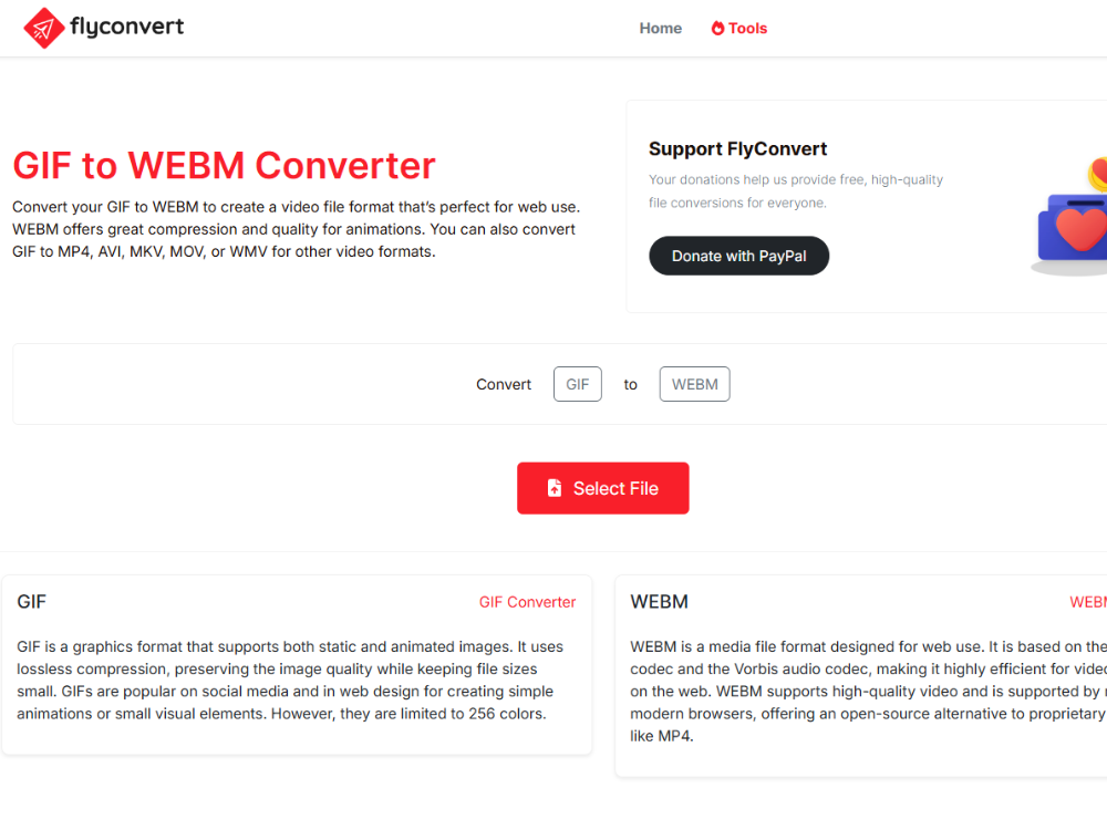 FlyConvert เป็นโปรแกรมแปลงไฟล์ GIF เป็น WebM ออนไลน์ ที่ใช้งานง่ายด้วยการอัปโหลดไฟล์และการแปลงไฟล์ที่รวดเร็วผ่านเบราว์เซอร์.