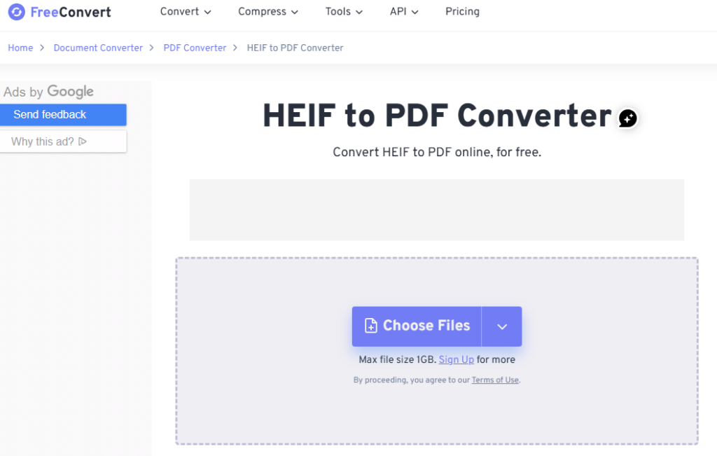 FreeConvert HEIF to PDF Converter interface