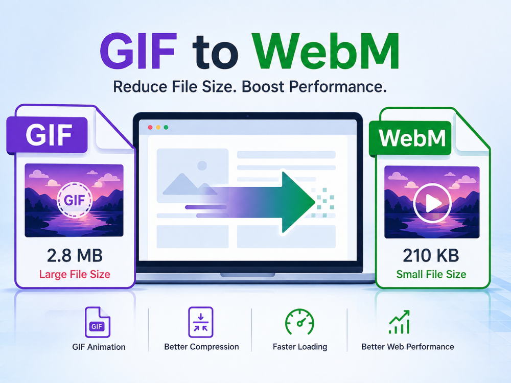 GIF to WebM conversion illustration showing reduced file size, faster loading speed, and improved web performance after converting animated GIF files to WebM format.