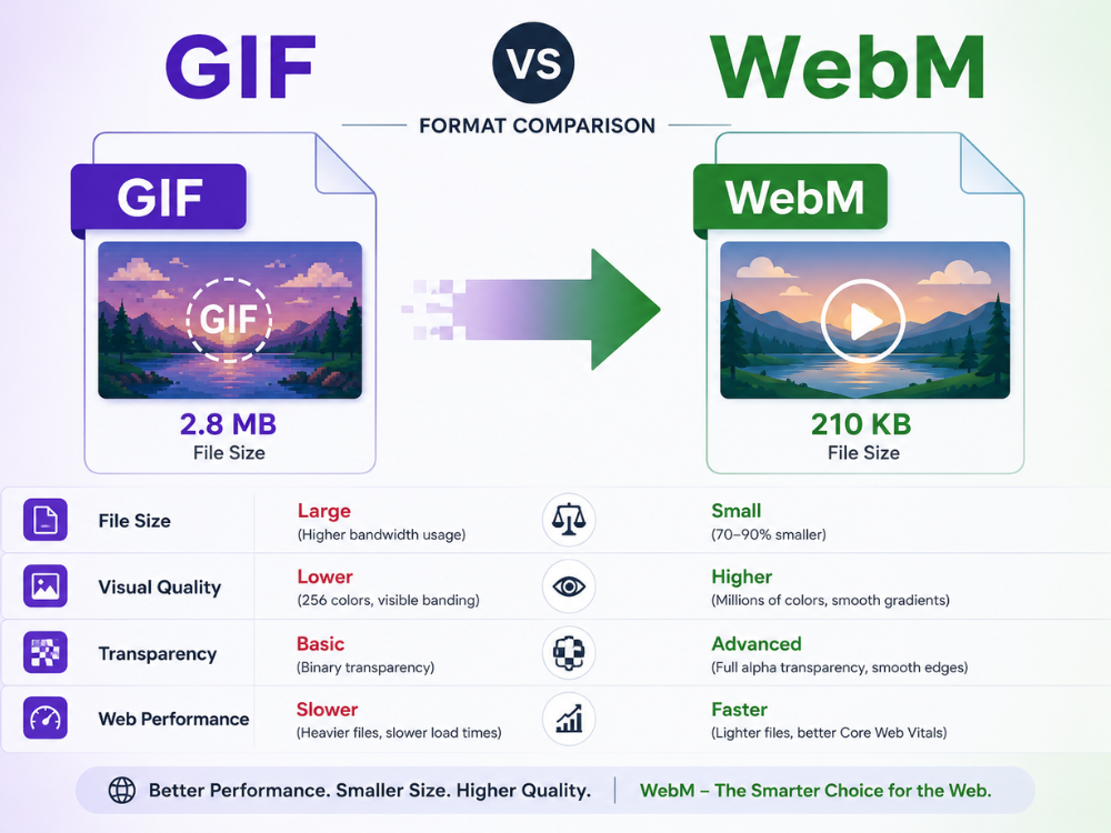 ภาพอินโฟกราฟิกเปรียบเทียบ GIF กับ WebM ในเรื่องขนาดไฟล์ คุณภาพของภาพ การรองรับความโปร่งใส และประสิทธิภาพของเว็บไซต์สำหรับการเพิ่มประสิทธิภาพเว็บ.