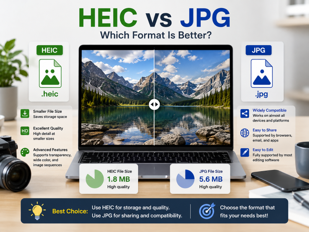 Confronto tra HEIC e JPG che mostra dimensioni dei file HEIC ridotte, migliore qualità dell'immagine e compatibilità del JPG con diversi dispositivi, browser e software di editing.