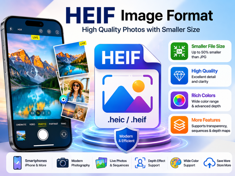 Illustrazione del formato immagine HEIF che mostra le caratteristiche della fotografia con smartphone: dimensioni dei file ridotte, elevata qualità dell'immagine e supporto avanzato dei colori sui moderni dispositivi mobili.