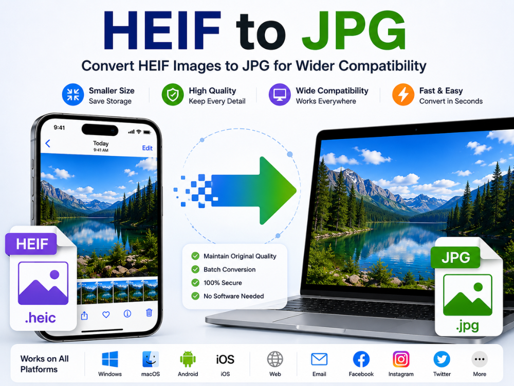 HEIF to JPG conversion illustration showing iPhone HEIC photos converted into JPG format for wider compatibility across devices and websites.