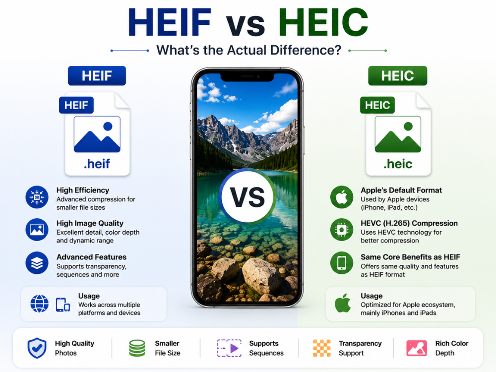 Confronto tra HEIF e HEIC che illustra le differenze tra i formati immagine di Apple iPhone, la tecnologia di compressione, le estensioni dei file e le modalità di archiviazione.