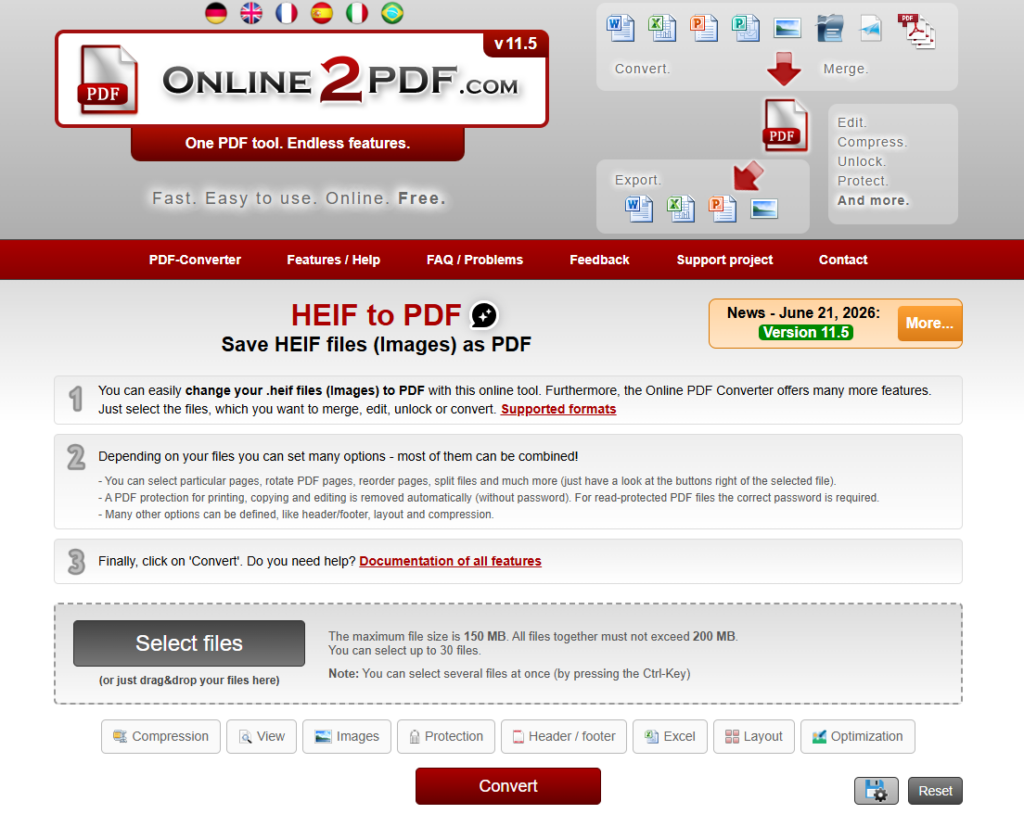 Online2PDF HEIF to PDF Converter interface