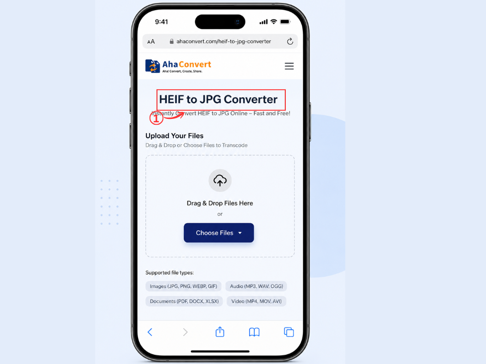 Apri AhaConvert, il convertitore da HEIF a JPG, nel browser dell'iPhone.