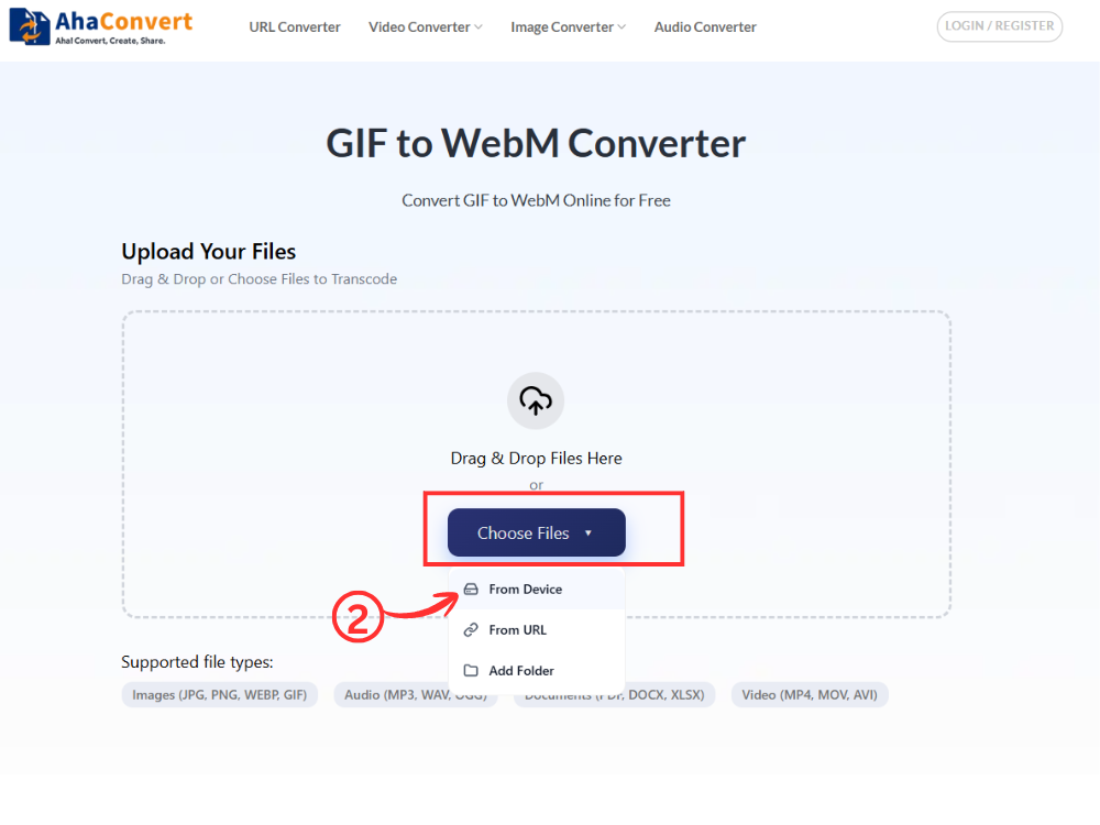 อัปโหลดไฟล์ GIF ไปยัง AhaConvert โดยเลือกไฟล์ ลากและวาง หรือใช้ URL