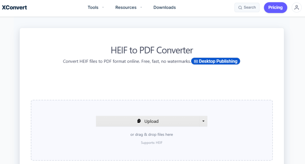 XConvert HEIC to PDF converter page