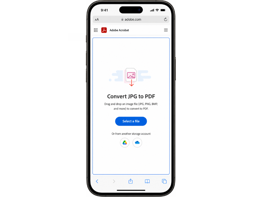 Adobe Acrobat online JPG-to-PDF converter open in Safari on iPhone.