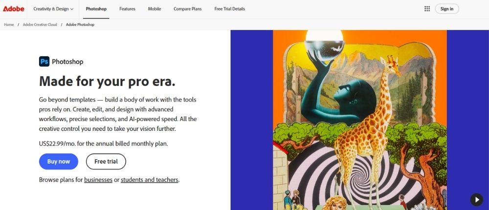 Adobe Photoshop webpage