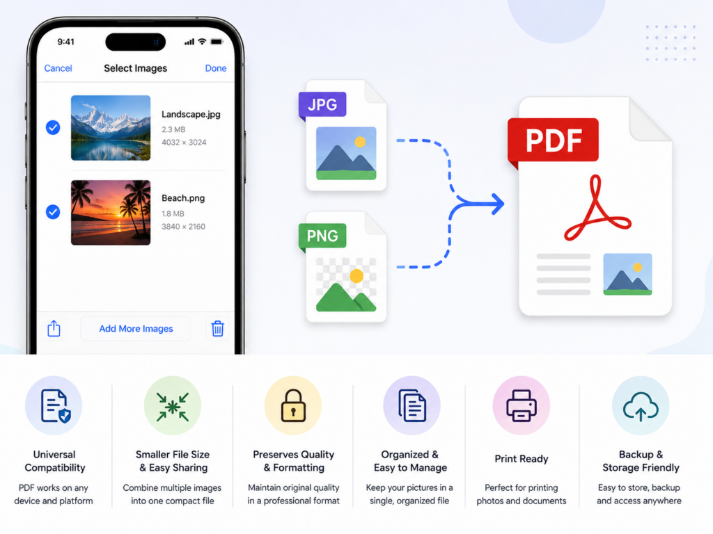 Advantages of converting pictures to PDF on iPhone, showing multiple JPG and PNG images combined into a single PDF file for easier sharing, printing, storage, and cross-device compatibility.