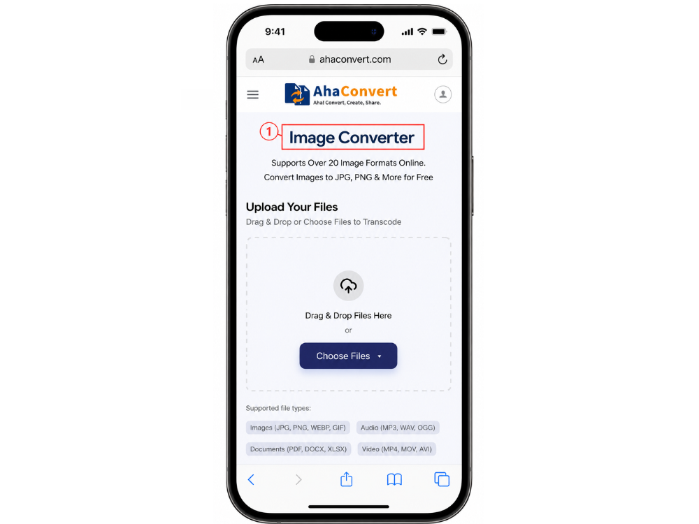 AhaConvert image converter open on iPhone Safari browser for image-to-PDF conversion.