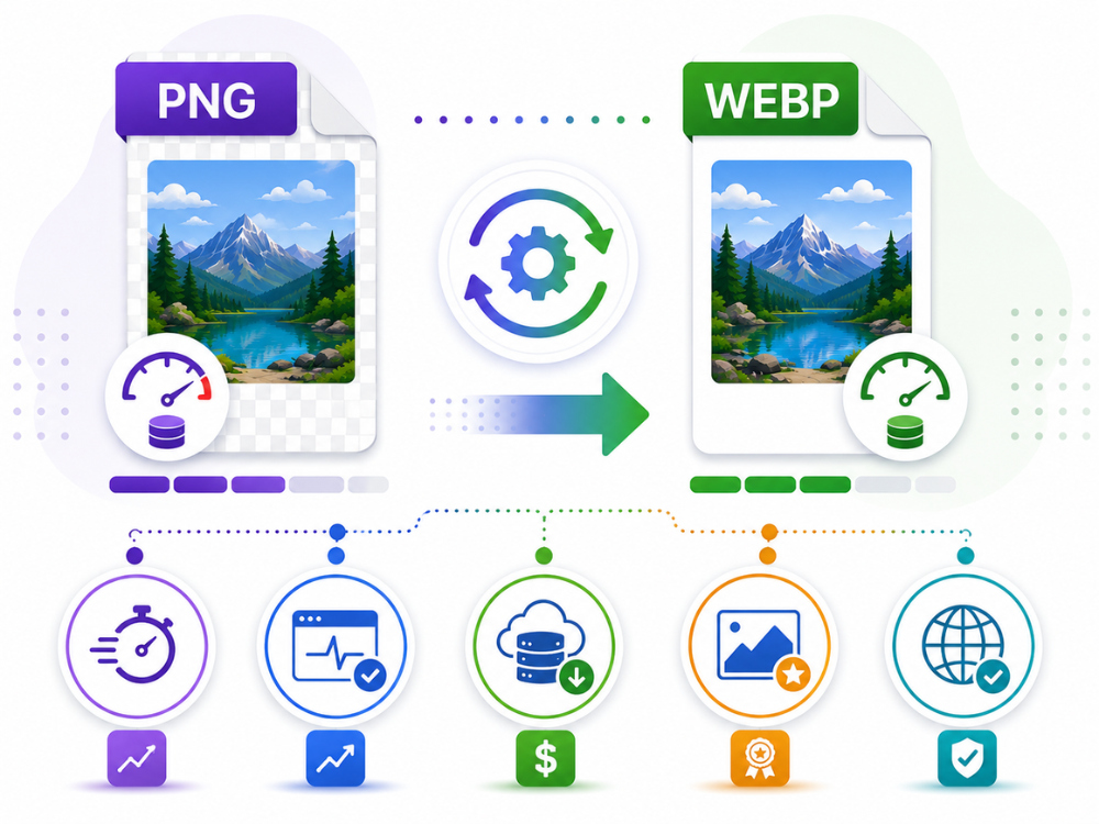 Benefits of converting PNG to WebP — illustration showing PNG transforming into WebP with faster loading, smaller file size, improved web performance, reduced bandwidth usage, and preserved image quality.