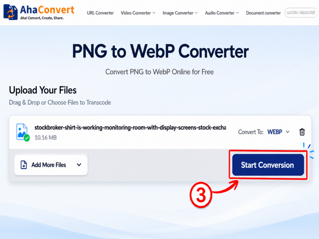 Step 3 — Click Convert to start PNG to WebP conversion on AhaConvert