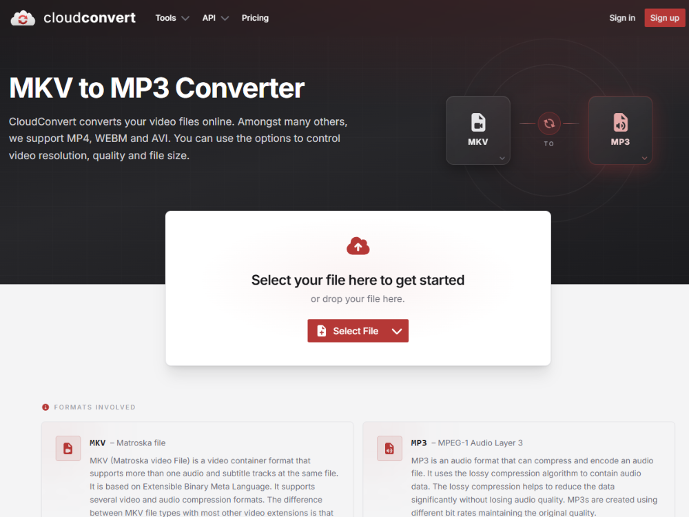CloudConvert MKV to MP3 converter — audio quality controls including bitrate and sample rate settings