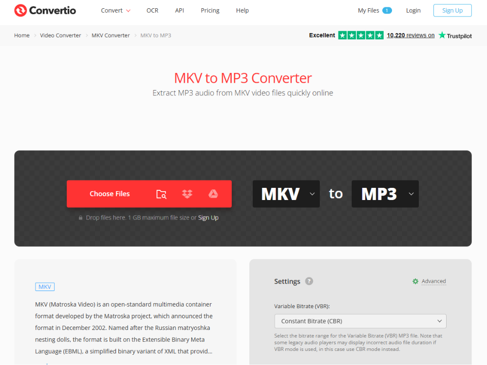 Convertio MKV to MP3 converter — supports uploads from device, Google Drive, and Dropbox