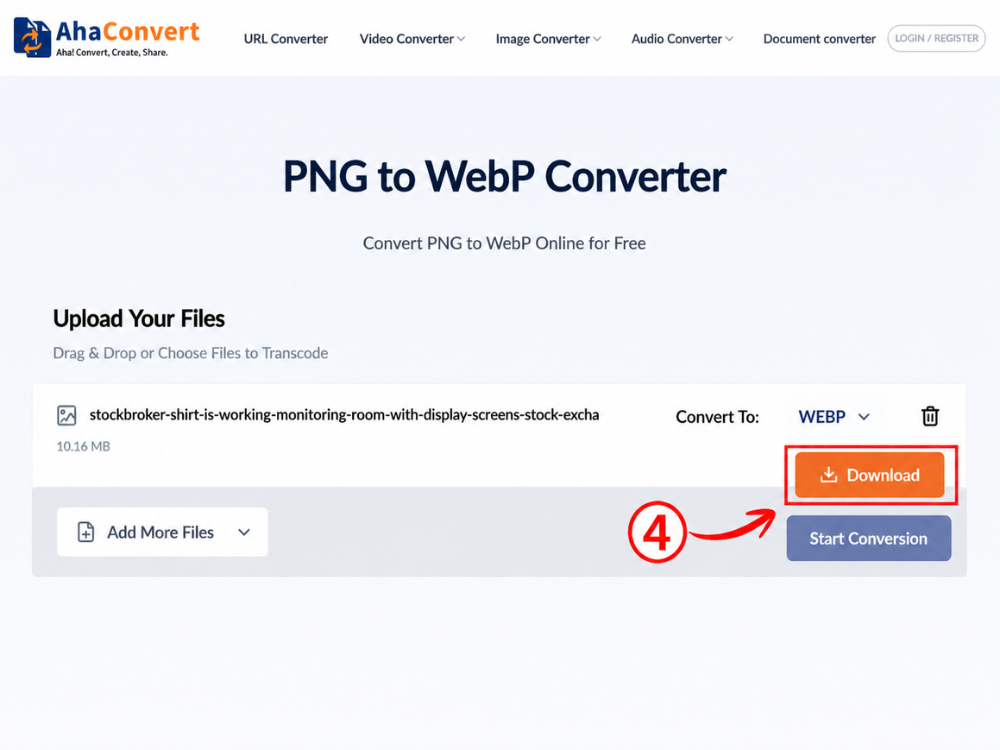 Step 4 — Download the converted WebP file from AhaConvert