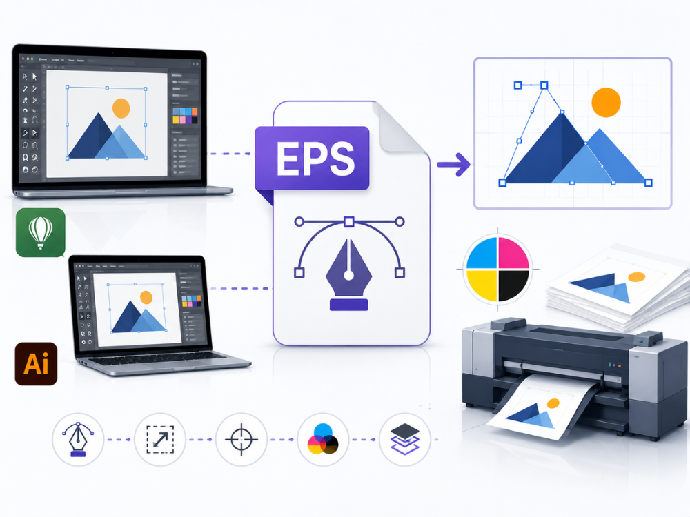 EPS vector graphics workflow illustration showing scalable artwork, design software interfaces, vector editing tools, color management, and professional print production elements.