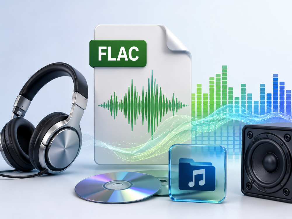 FLAC audio format illustration showing lossless audio quality, waveform, headphones, and high-quality music storage