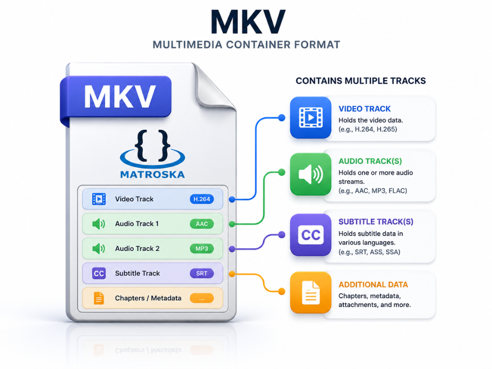 MKV file format — multimedia container with multiple audio, video, and subtitle tracks