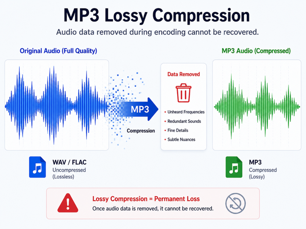 MP3 lossy compression — audio data removed during encoding cannot be recovered